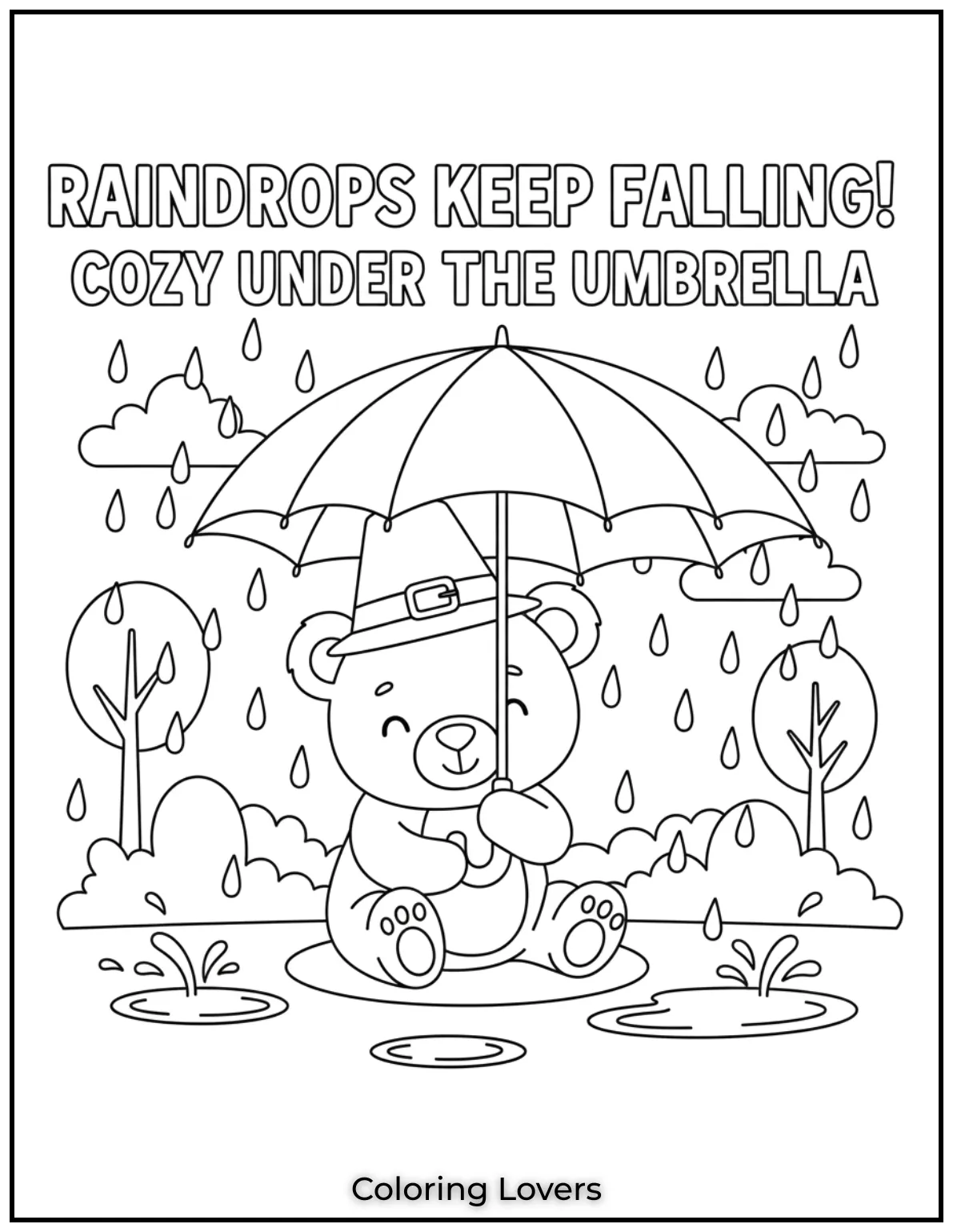 Raindrops keep falling but this bear is cozy under the umbrella. Cute baby bear coloring pages make rainy days fun