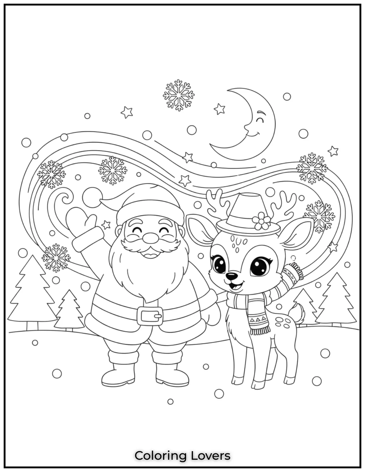 Santa and his reindeer buddy wave under stars and snowflakes. A sweet moment kids will giggle through