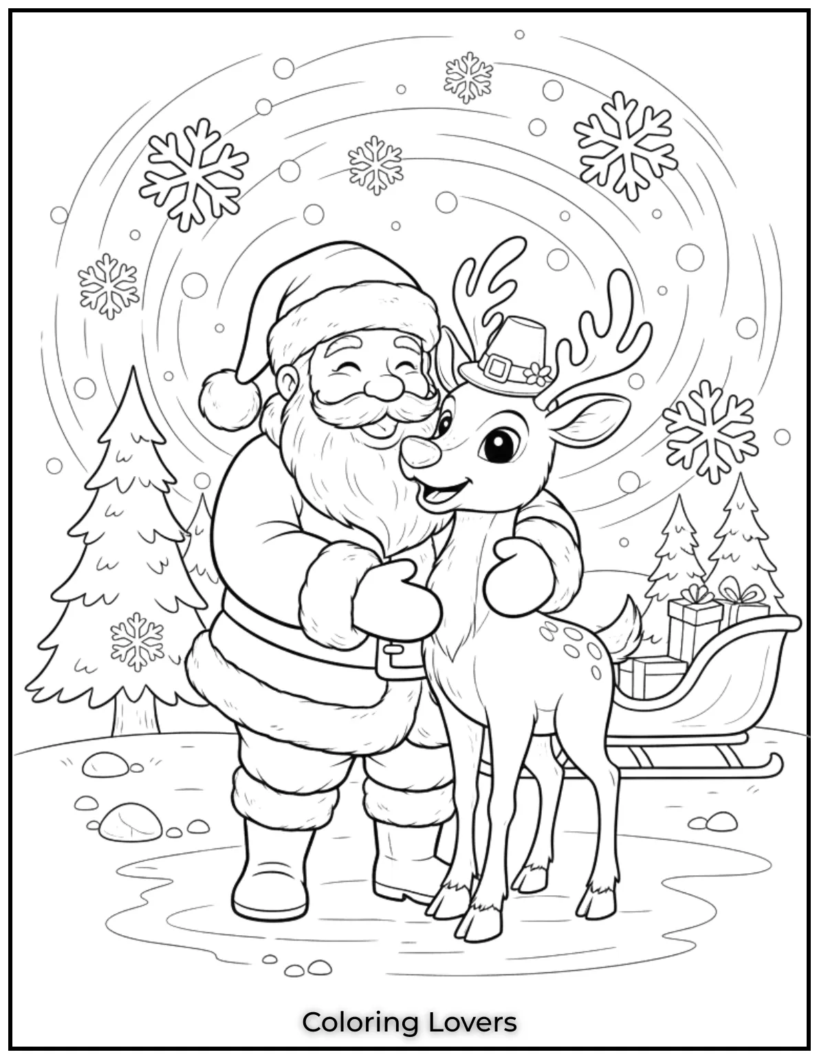 Santa hugs his reindeer at the North Pole under falling snow. This festive duo is so fun to color