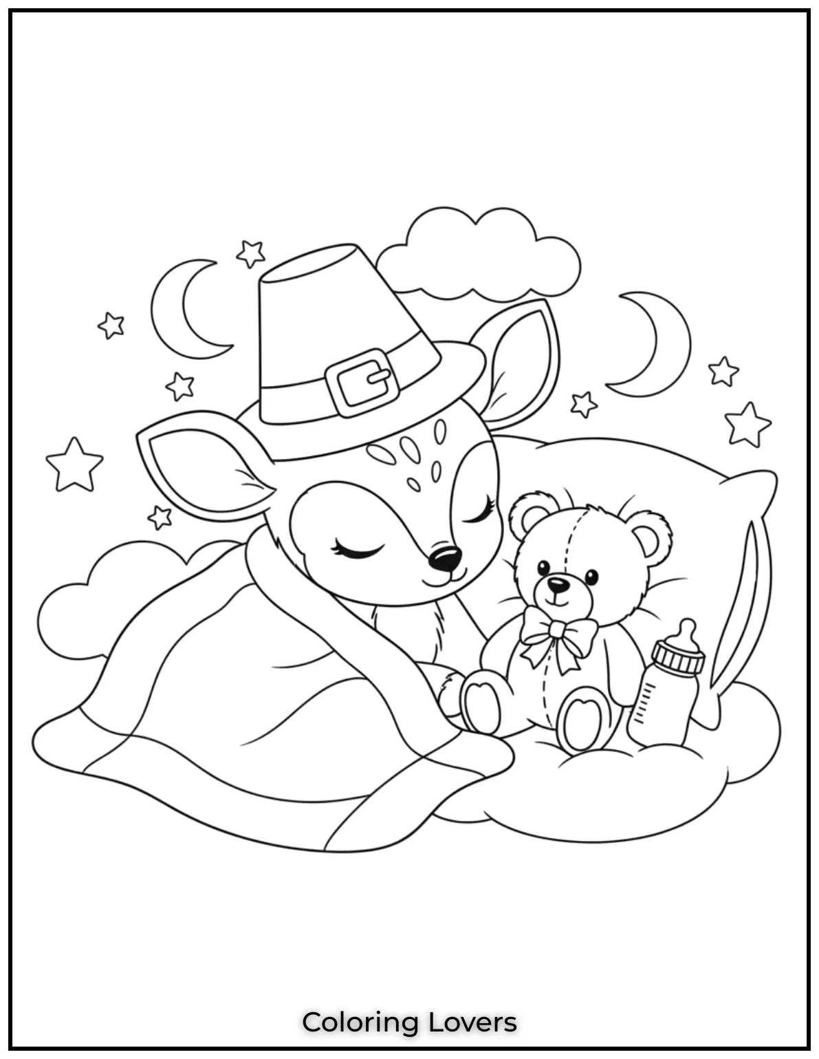 Snuggled in a blanket this baby deer dreams near her bottle and teddy. A sweet scene to color