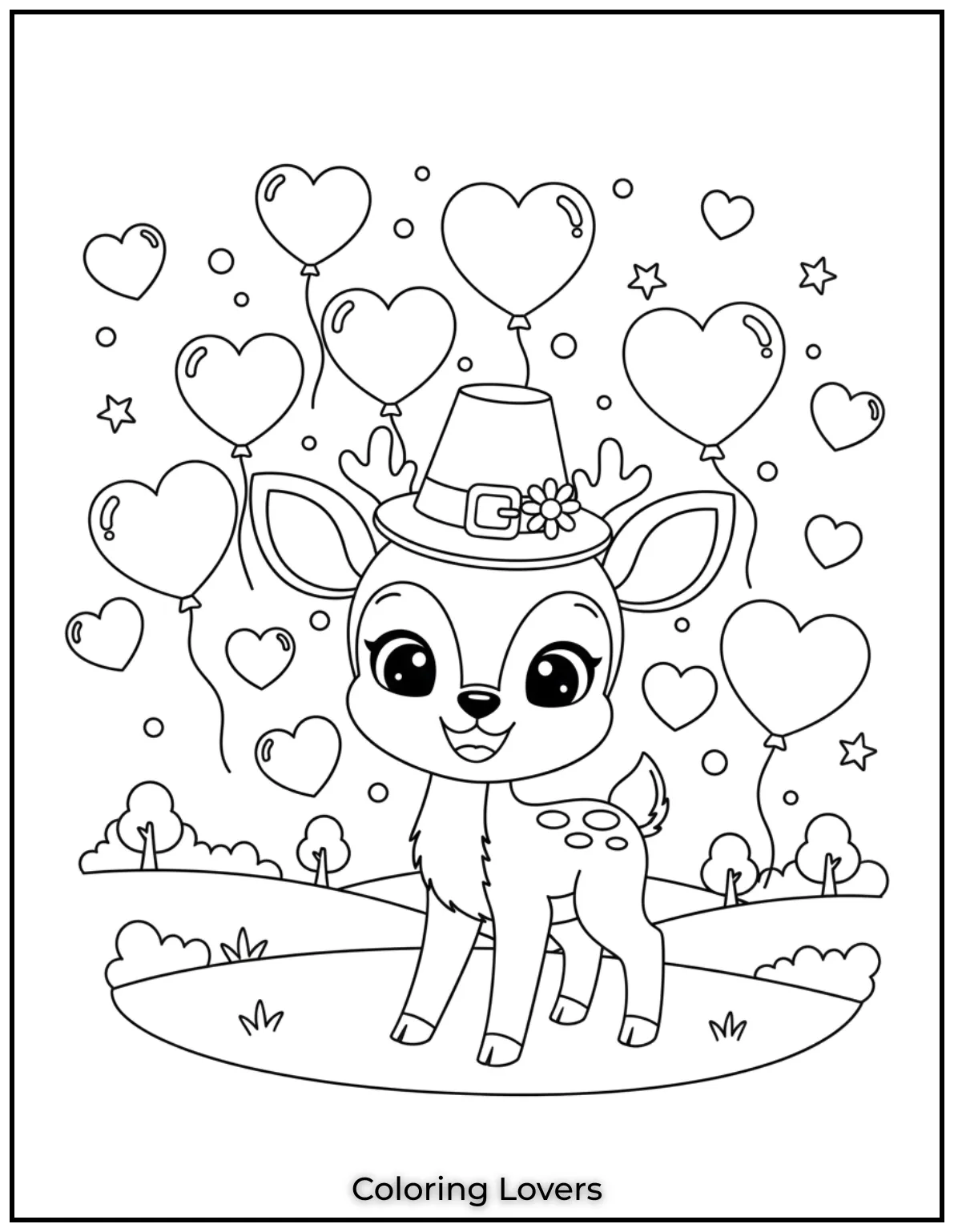 Surrounded by heart balloons this smiling deer spreads joy. A lovely deer coloring page for preschool fun
