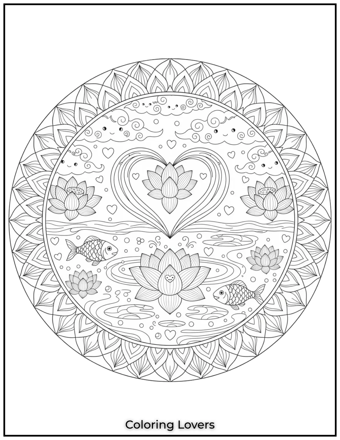 The calm waters and blooming lotuses give this scene a dreamlike quality. Its one of my favorites to draw and color so