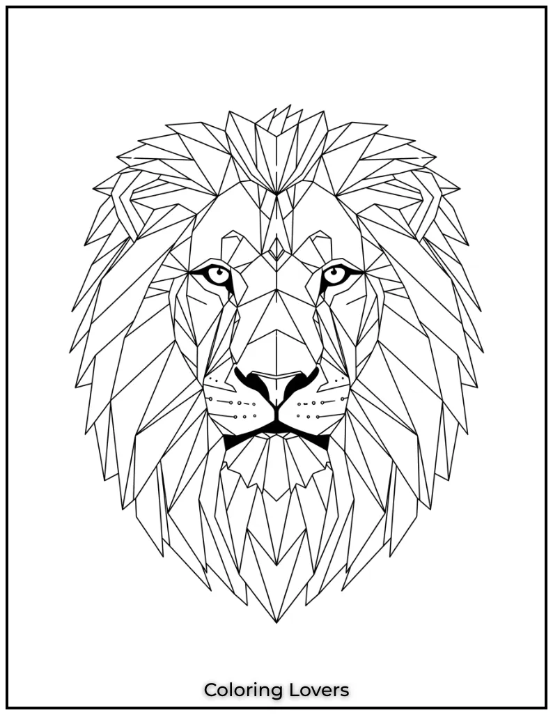 The geometric lines in this lion coloring page provide a structured and rewarding experience for adults who enjoy complex designs