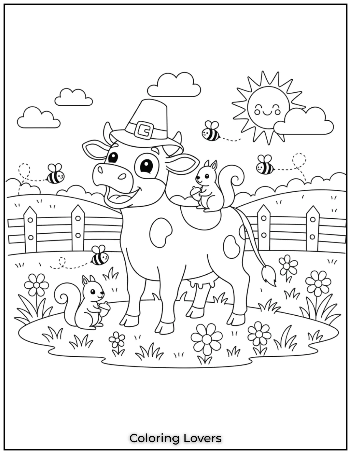 The lively calf is enjoying a day with squirrels and buzzing bees. Its a cheerful coloring page for little animal lovers