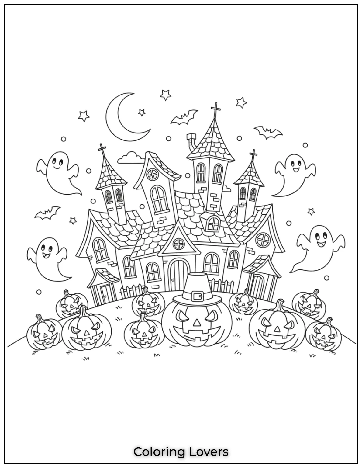 These haunted houses paired with playful ghosts and grinning jack o lanterns create a fun and spooky pumpkin coloring page