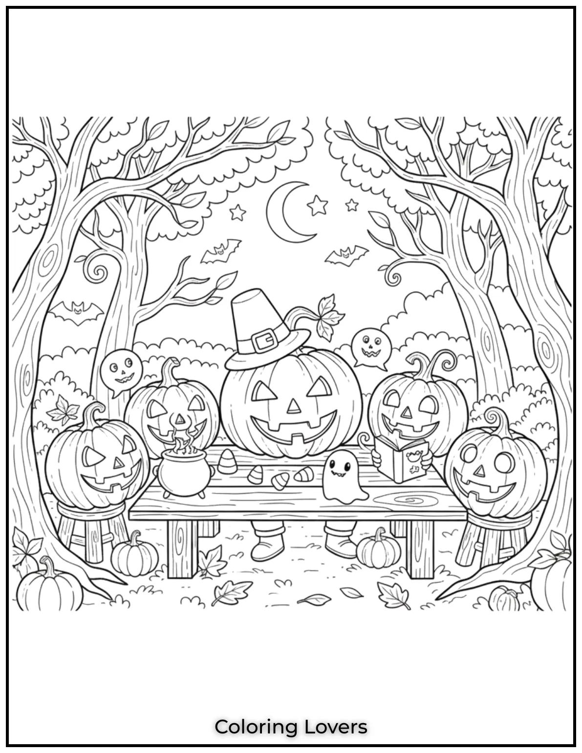 These playful jack o lanterns are having a little pumpkin party in the woods I thought adding the table would make them look like theyre sharing spooky stories