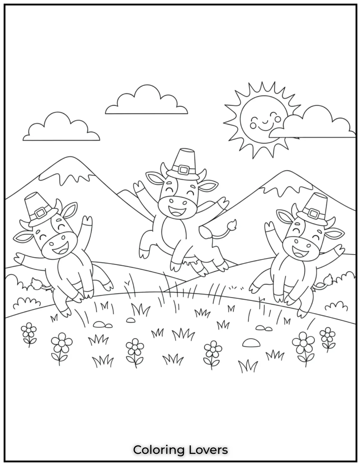 These three energetic calves are having a great time jumping in the mountains. I love drawing scenes full of life like this one for young artists to enjoy