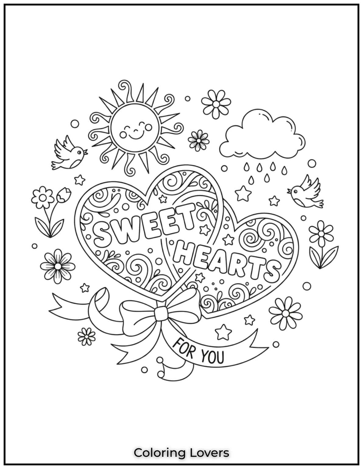 These two hearts tied with a ribbon make such a sweet scene. Perfect for coloring and sharing with someone special