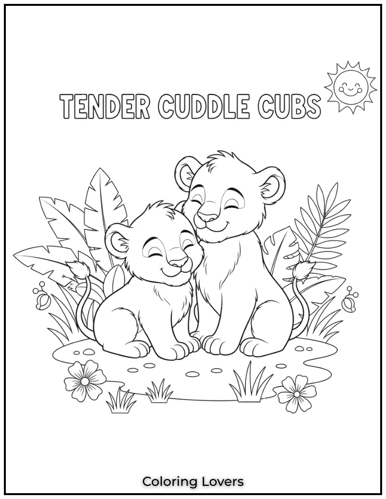 These two lion cubs are sharing a tender cuddle. This printable lion coloring page is perfect for kids who love animals and want to color something cute