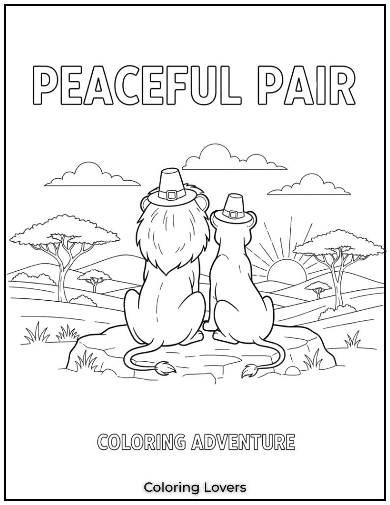 These two lions sitting together and gazing at the view really capture a peaceful moment. I hope kids enjoy coloring this scenic view