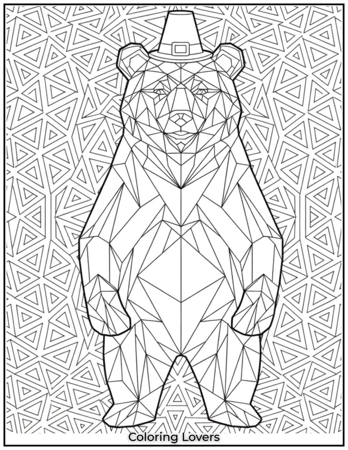This abstract bear illustration features sharp geometric patterns offering a fun and engaging bear coloring pages for adults
