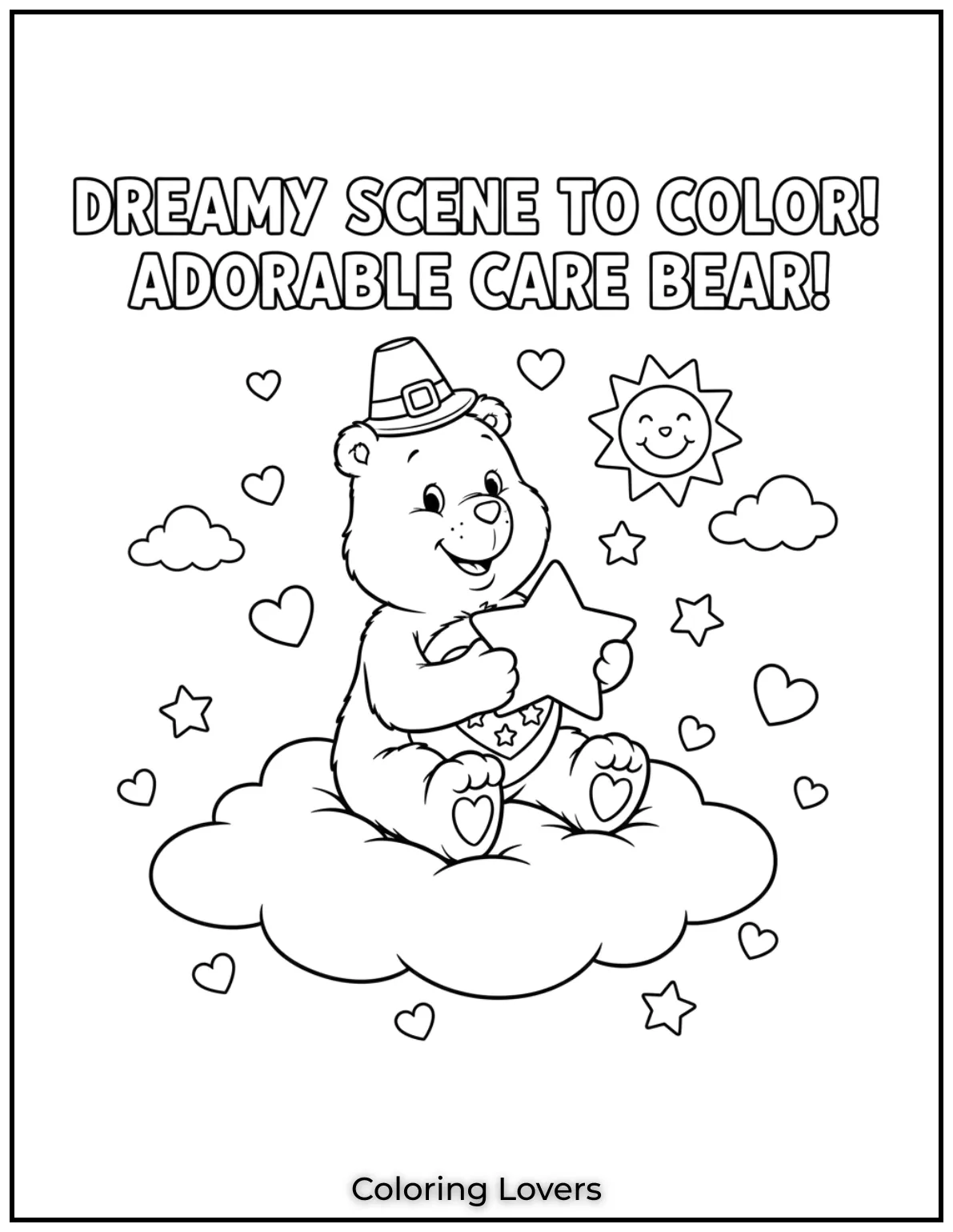 This adorable Care Bear sits on a fluffy cloud holding a star with a big smile. A dreamy scene to color