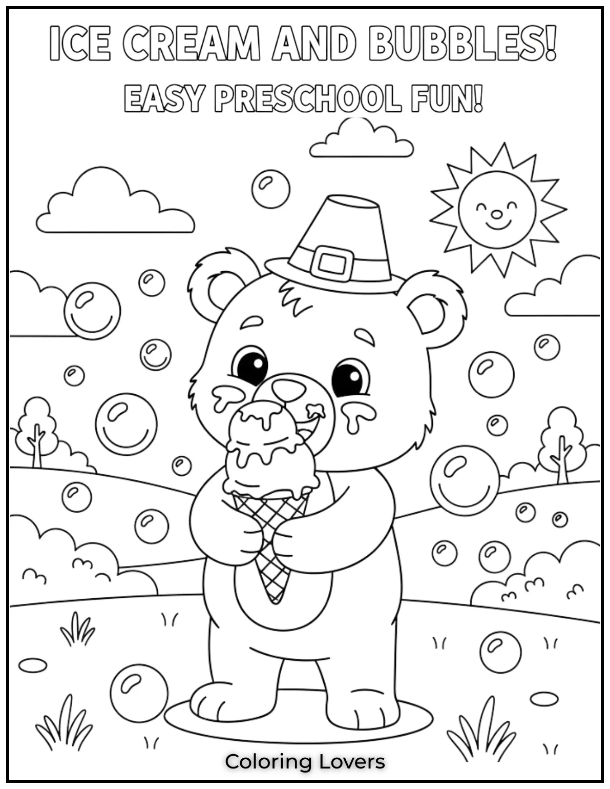 This adorable bear enjoys an ice cream while surrounded by bubbles. A easy bear coloring page for preschool