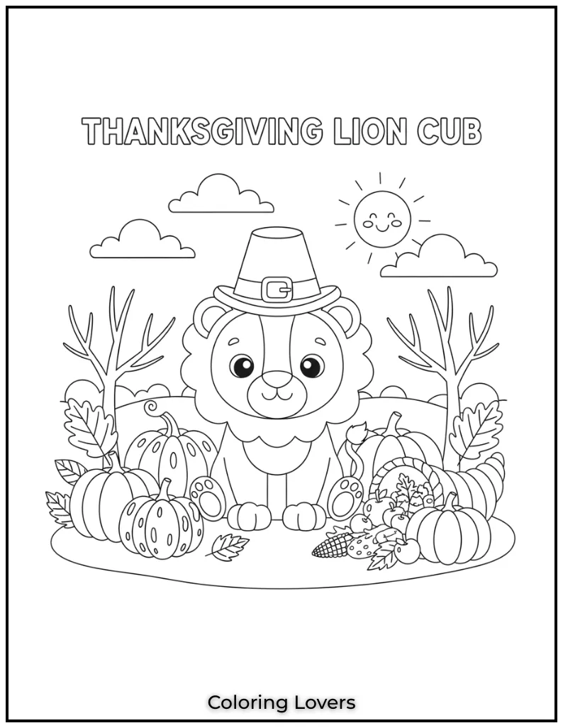 This adorable lion cub is ready for Thanksgiving surrounded by pumpkins and autumn leaves