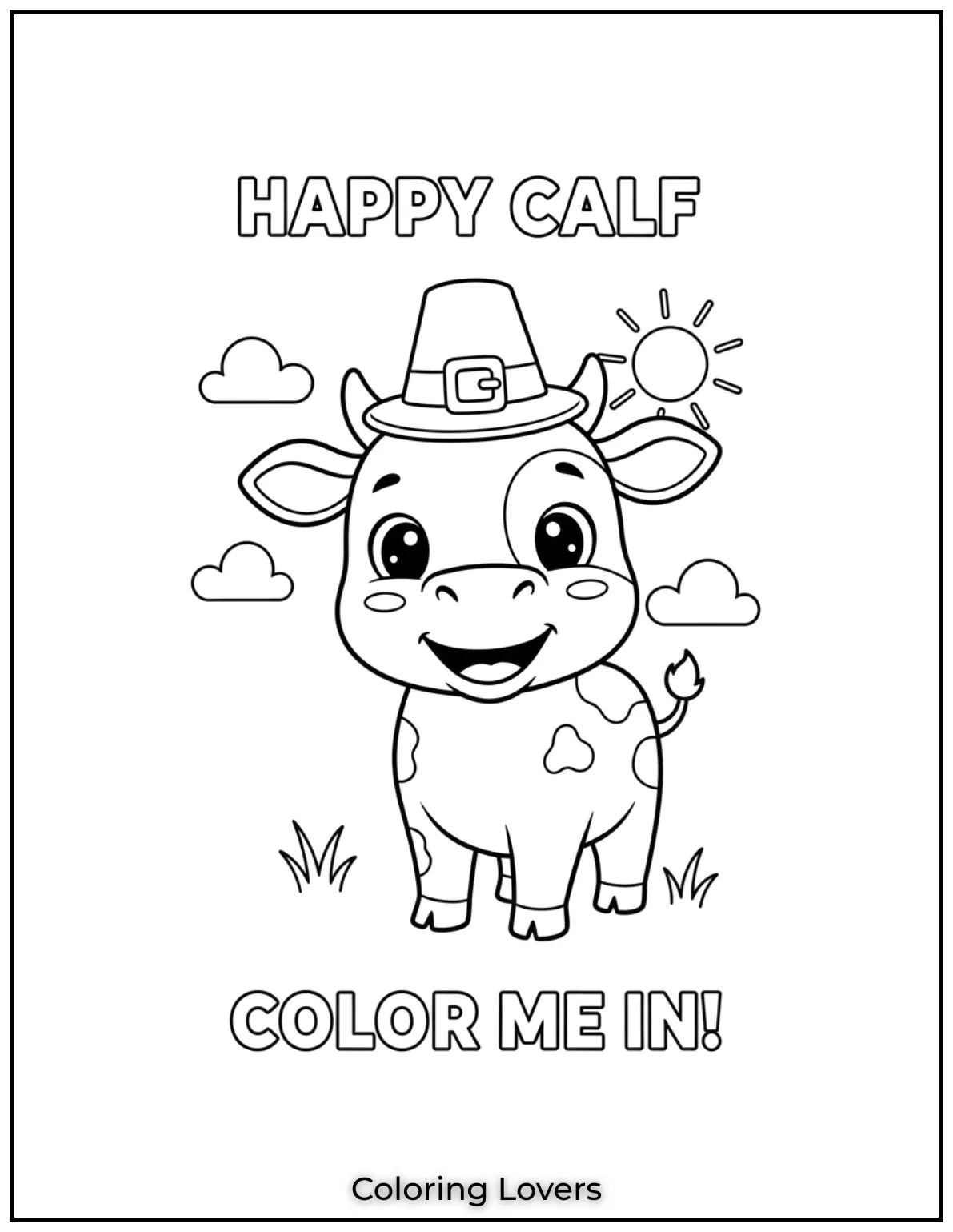 This baby cow is bursting with joy Its adorable face and big eyes make it a fun cheerful coloring page for kids