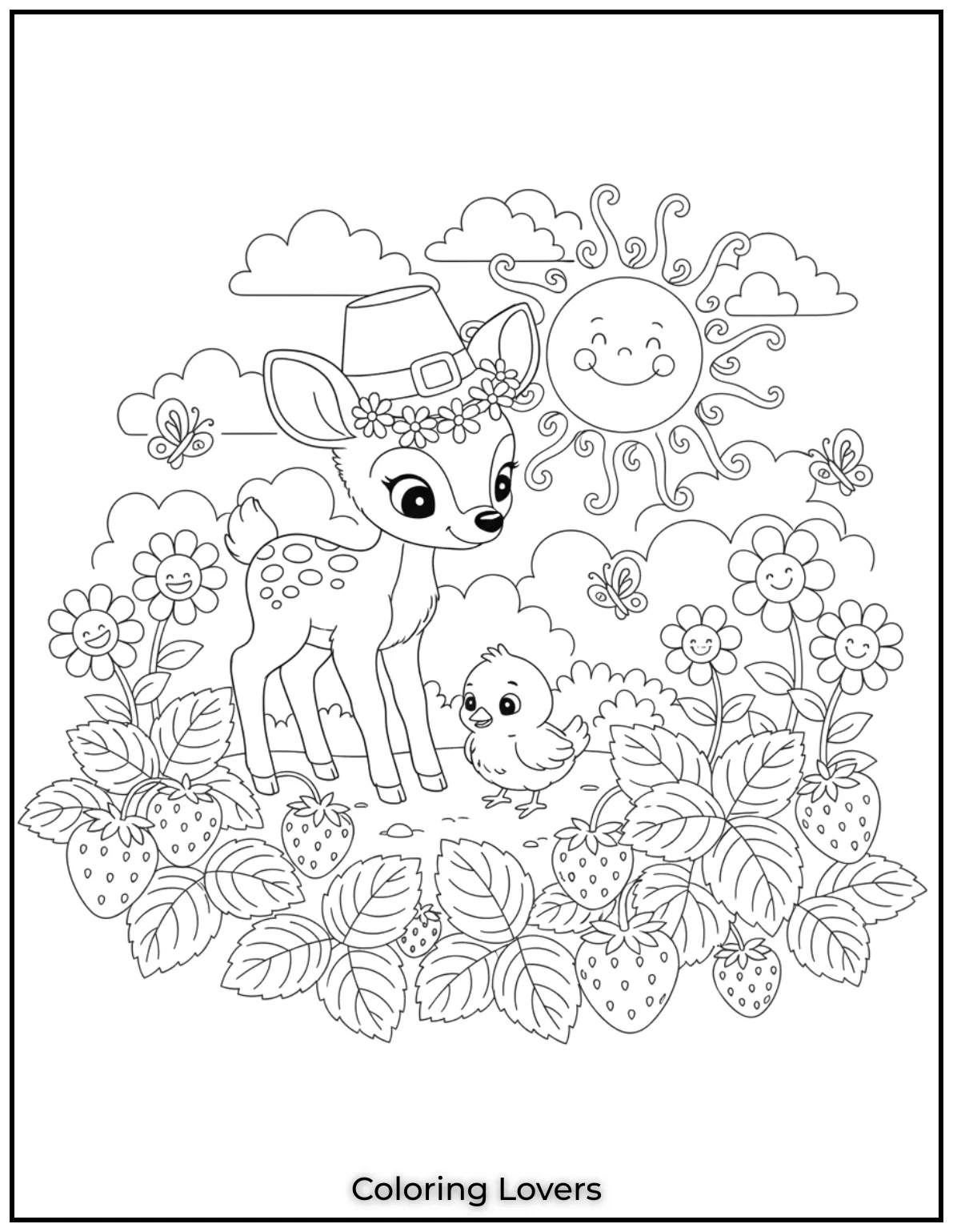 This baby deer and her chick friend explore a sunny garden. Kids will love the strawberries too