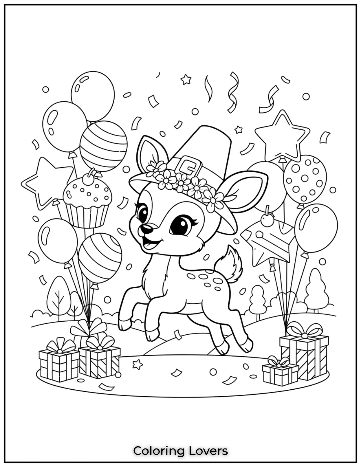 This baby deer jumps with joy at a balloon filled party. Kids will love coloring all the fun