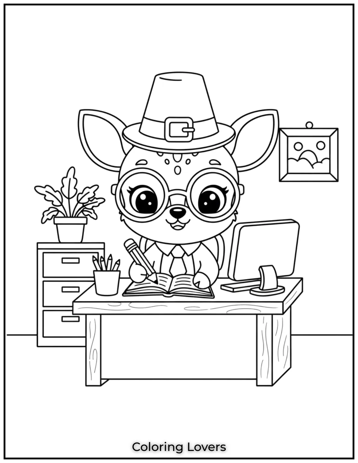 This baby deer wears glasses and a tie in his office. A silly fun scene that kids will enjoy