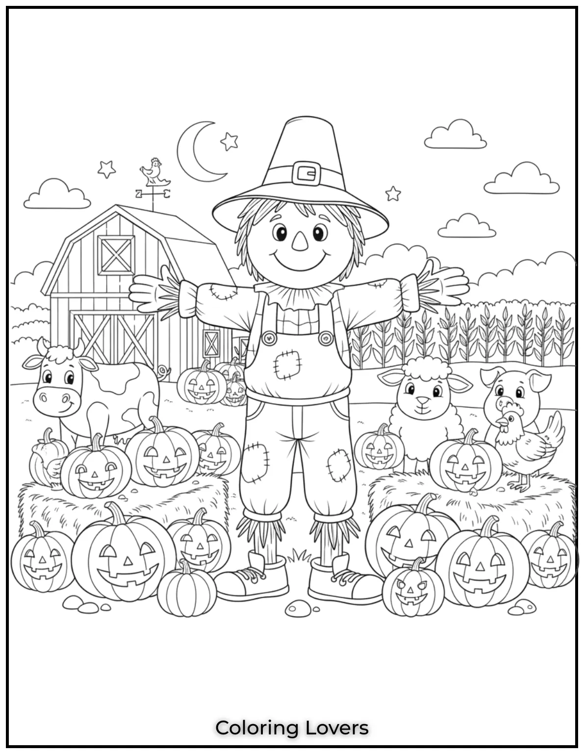 This barnyard scene complete with a cheerful scarecrow pumpkins and farm animals brings the fall harvest to life