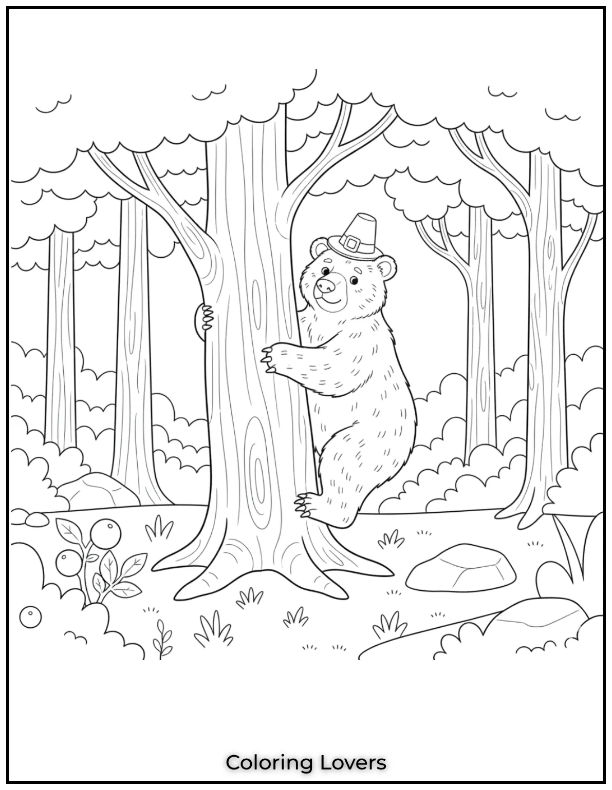 This black bear climbs a sturdy tree using its strong claws to grip the bark. A fun and engaging addition to your black bear coloring pages