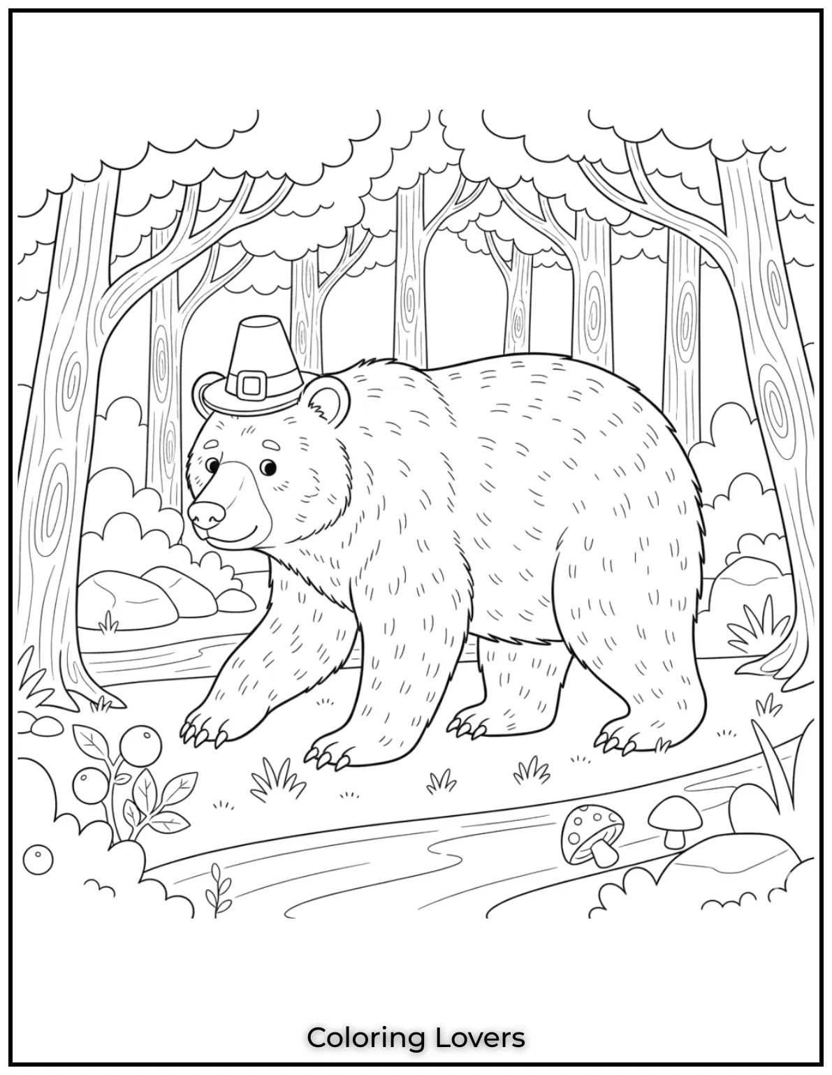 This black bear moves carefully through the wilderness its sharp senses focused. A detailed and realistic coloring page