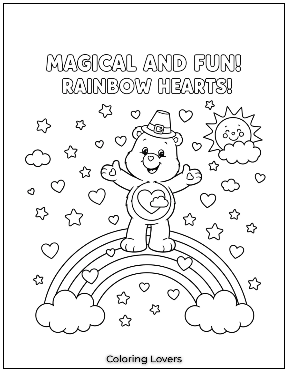 This cheerful Care Bear stands on a rainbow surrounded by hearts. A magical and fun coloring page