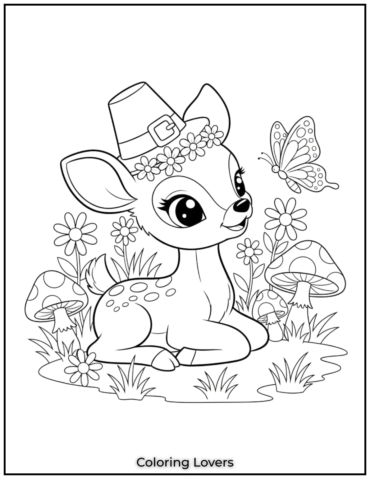 This cheerful baby deer meets a butterfly near mushrooms. A playful garden moment for kids