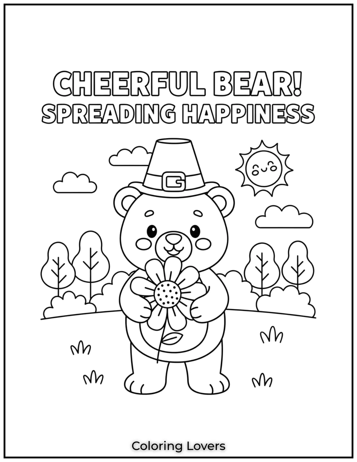 This cheerful bear is holding a giant flower spreading happiness. A great preschool coloring activity