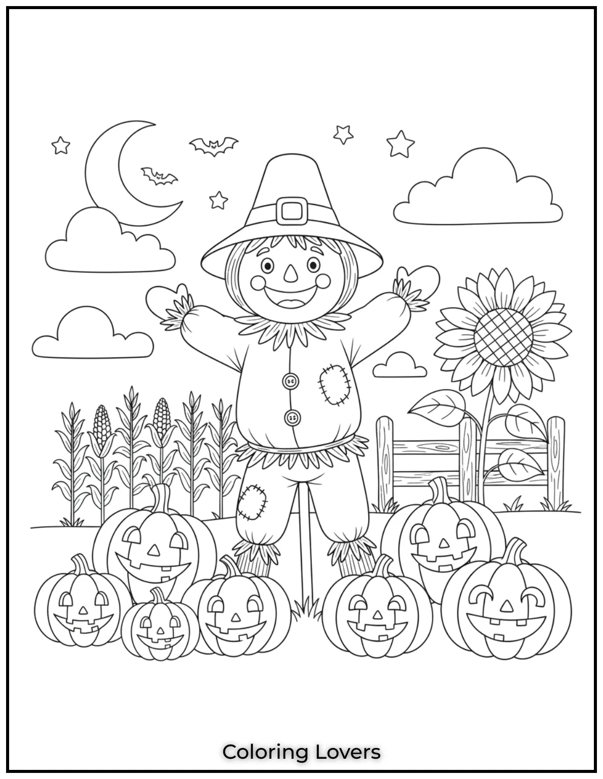 This cheerful scarecrow stands tall among pumpkins and a sunflower guarding the farm. I loved creating this simple fall scene