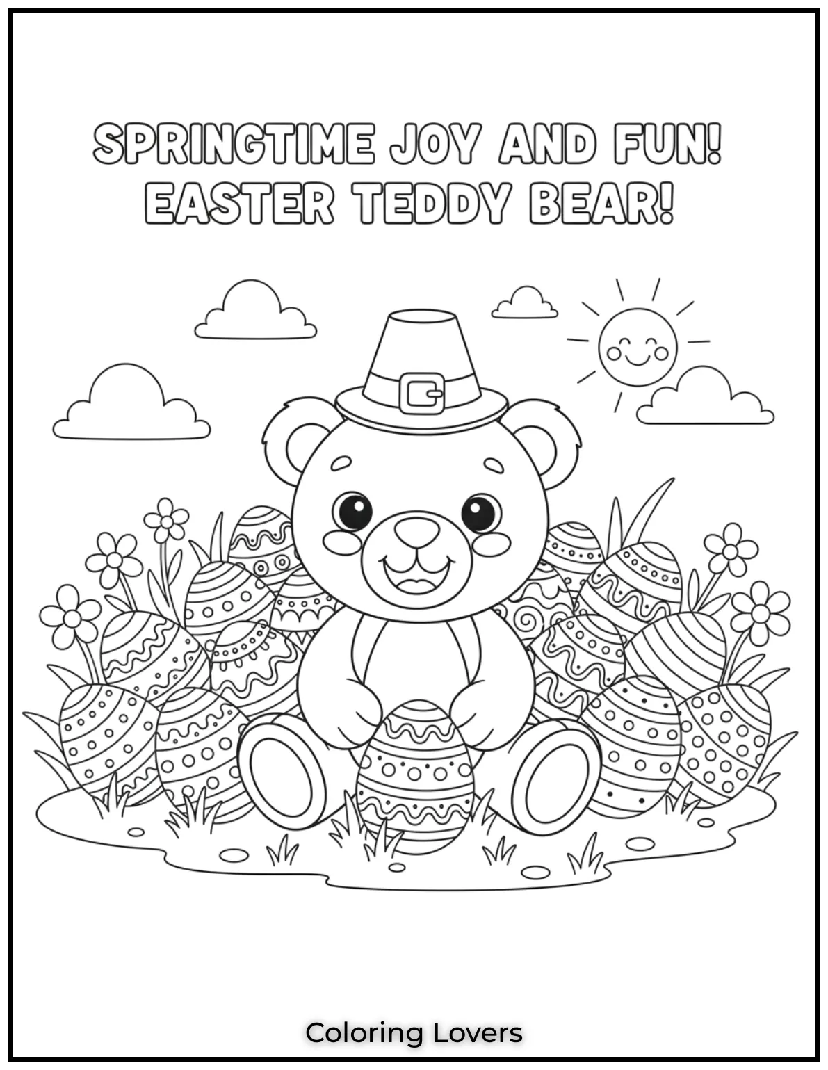 This cheerful teddy bear is surrounded by decorated Easter eggs bringing springtime joy and fun