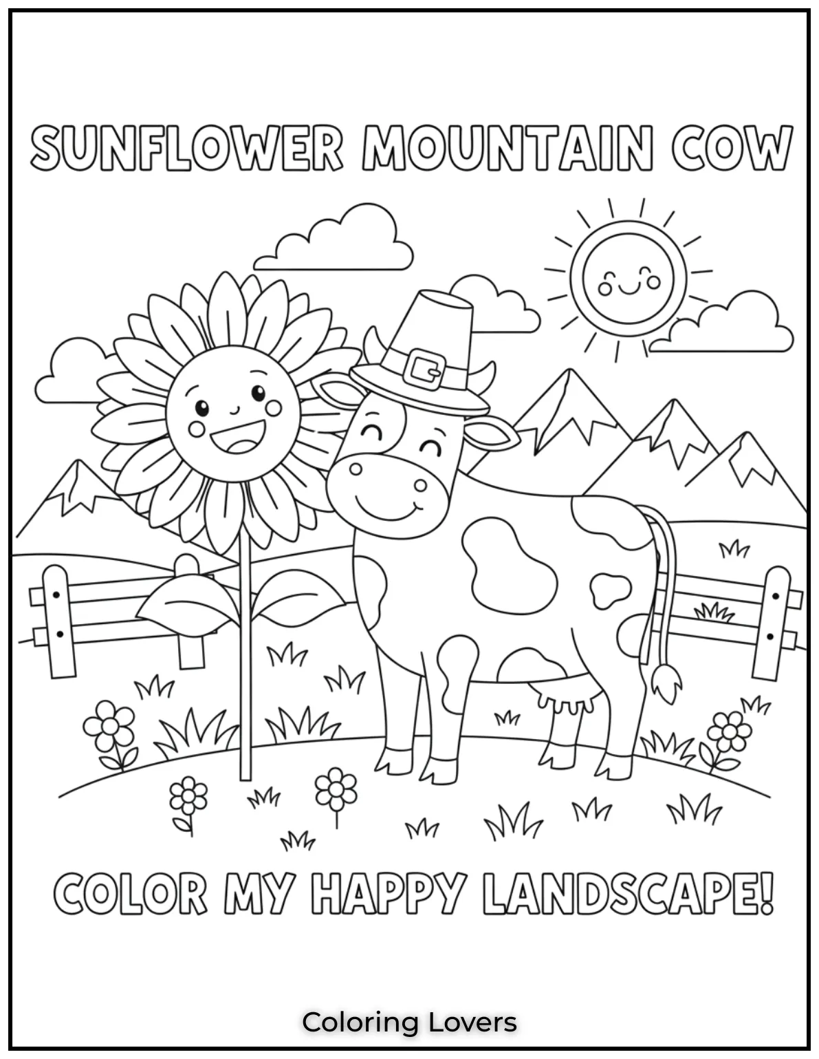 This cow coloring page shows a cow standing by a sunflower with mountains in the background