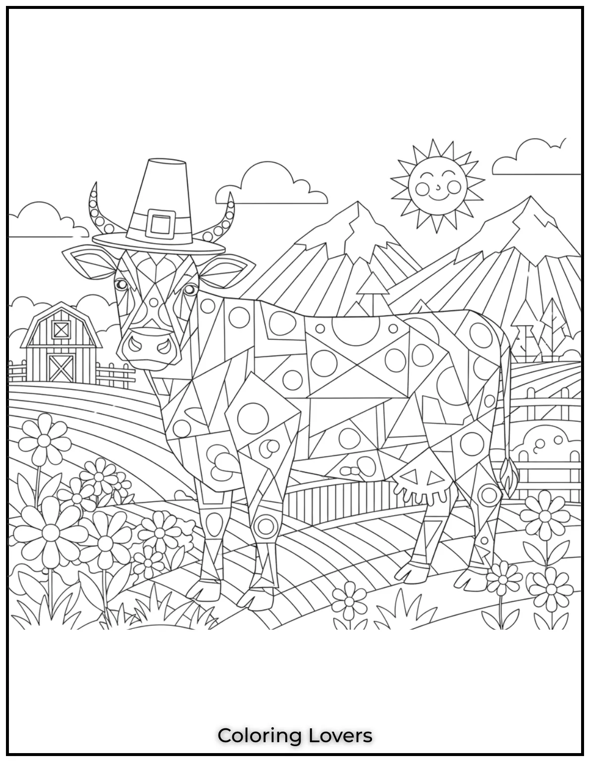 This cow is drawn with fun geometric shapes creating a unique challenge for adults artists