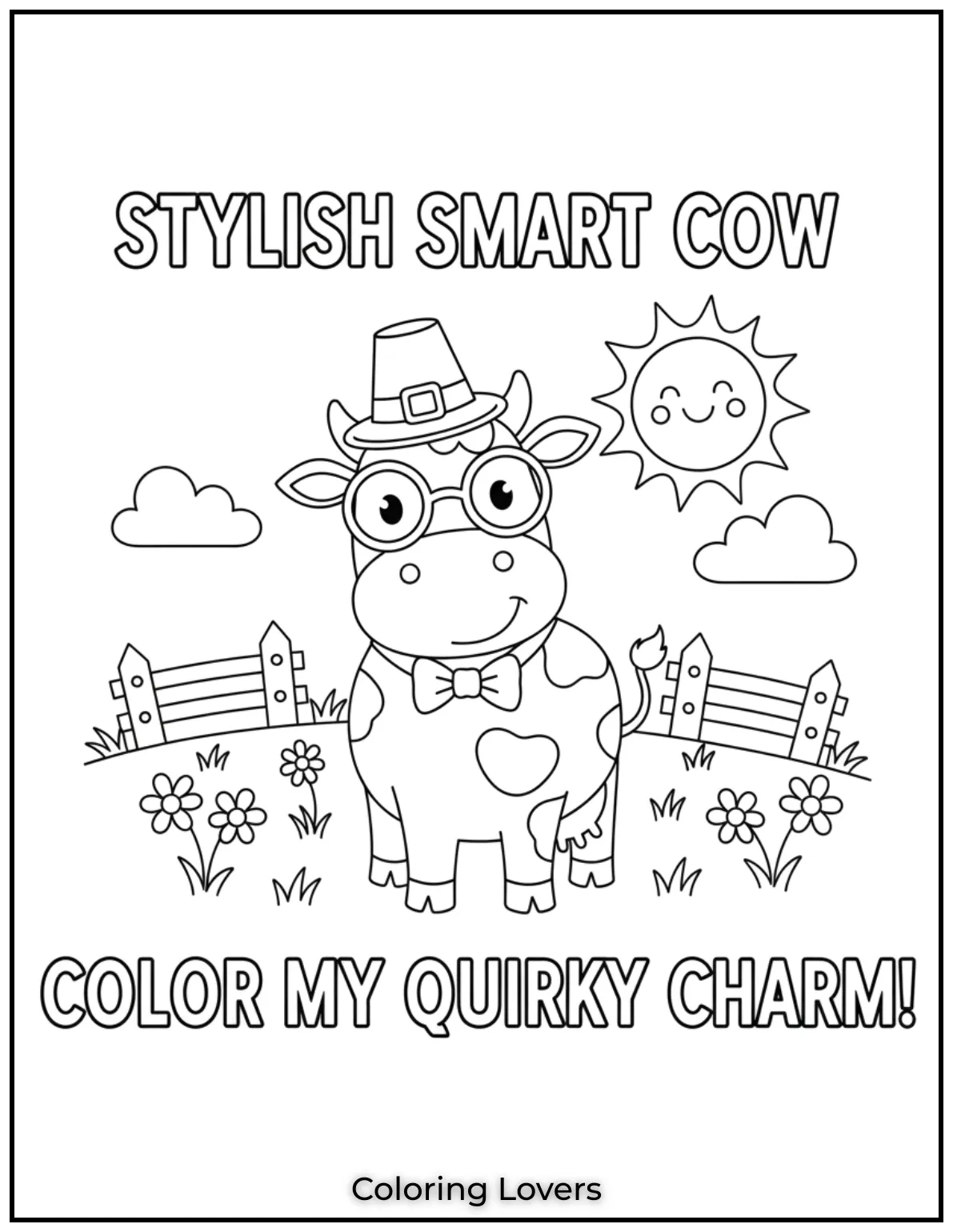 This cow is looking sharp with its glasses and bow tie. Kids will love adding their own touch of color to this quirky stylish character