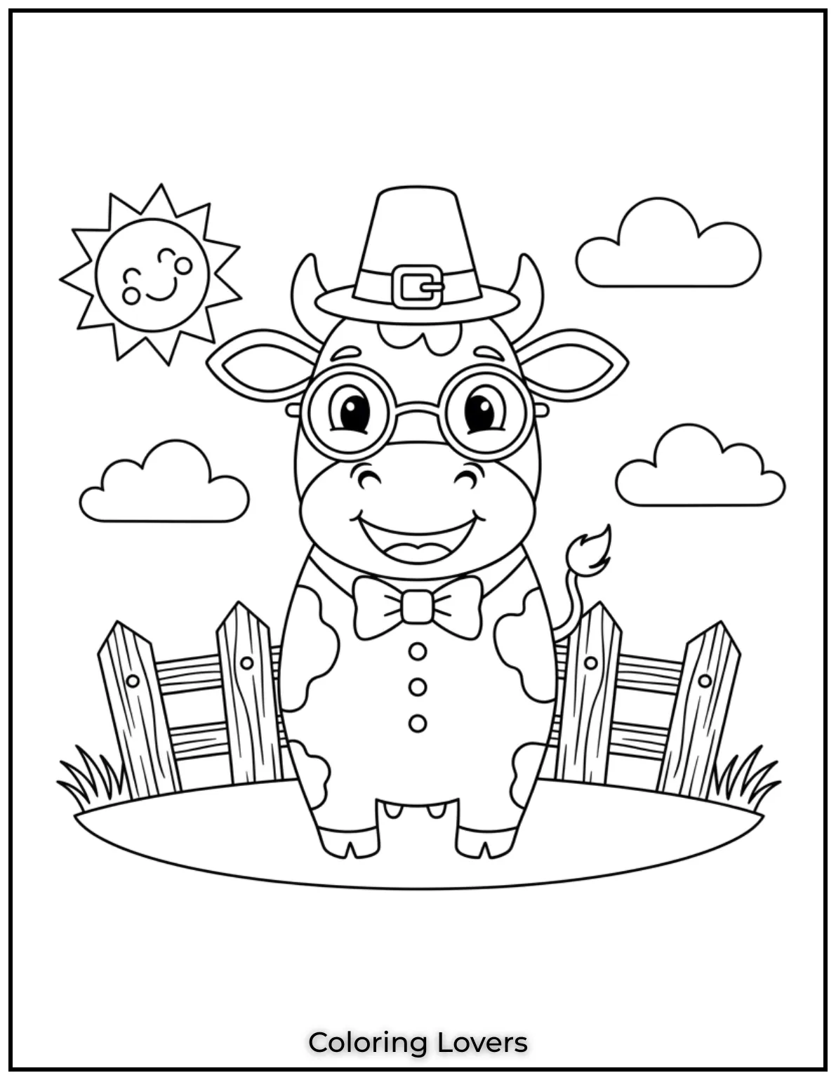 This cows got style with its glasses and bow tie. A fun quirky cow coloring page for kids who enjoy something a bit out of the ordinary