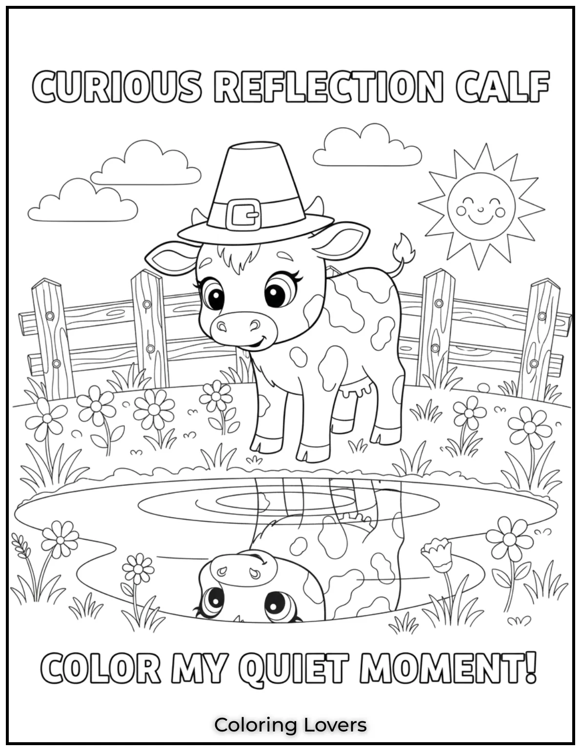 This curious baby cow is gazing at its reflection in the water. Its a calm sweet scene that will encourage kids to slow down and enjoy their coloring