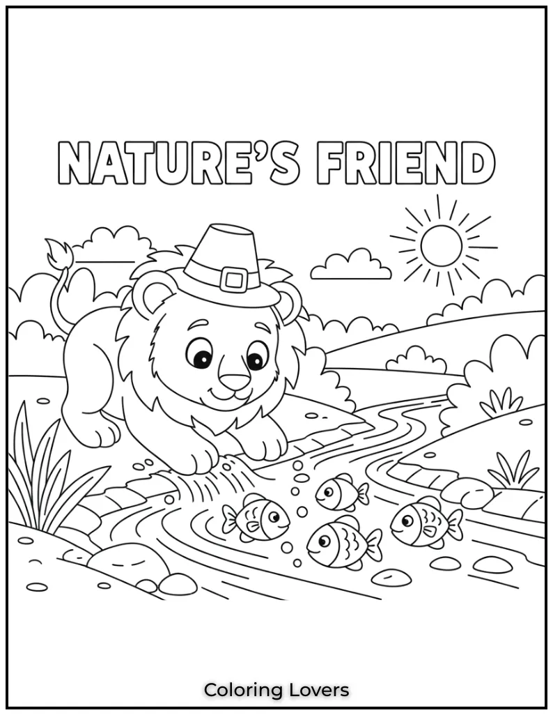 This curious little lion cub seems so fascinated by the fish in the stream. Kids who love nature will enjoy coloring this serene scene