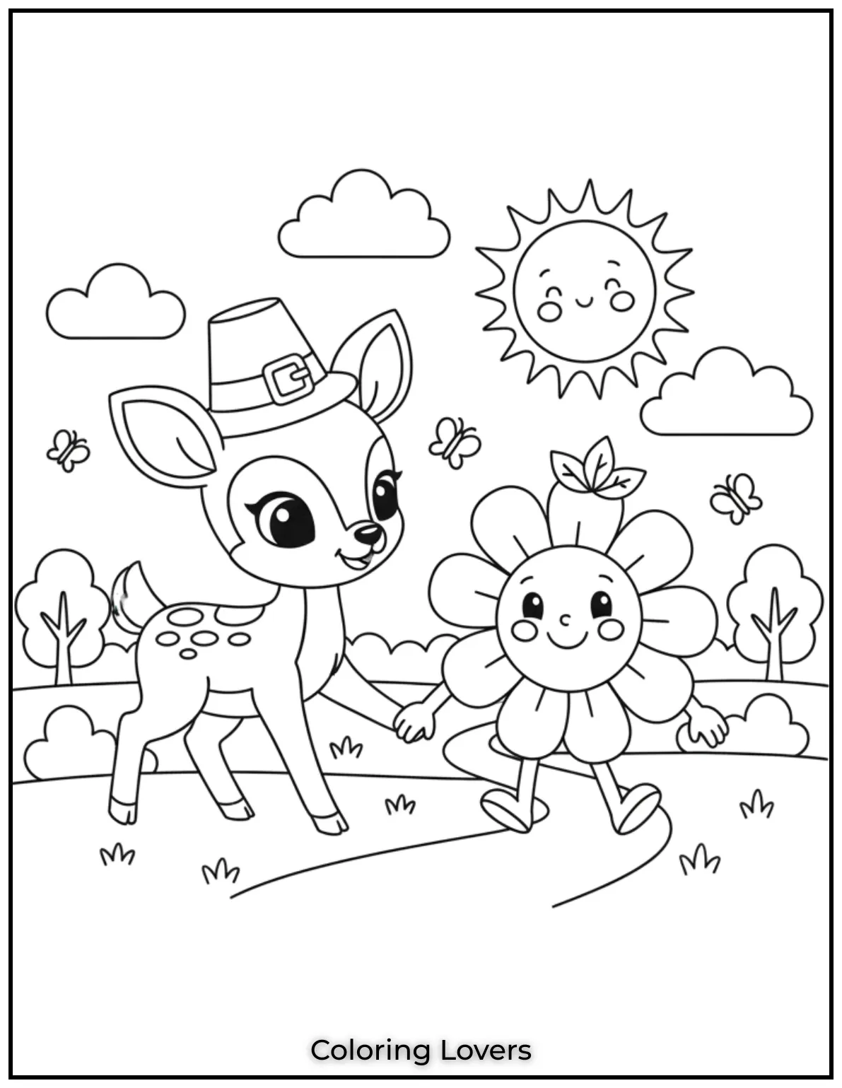 This cute deer is off on a sunny adventure with a smiling flower to guide the way