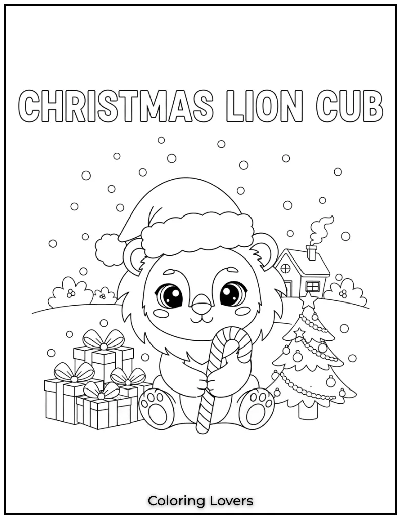 This cute lion cub is ready for Christmas holding a candy cane and wearing a festive Santa hat