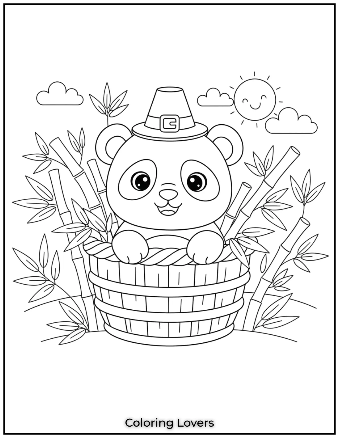This cute panda bear peeks out from a wooden basket surrounded by bamboo leaves. A fun and cute scene to color