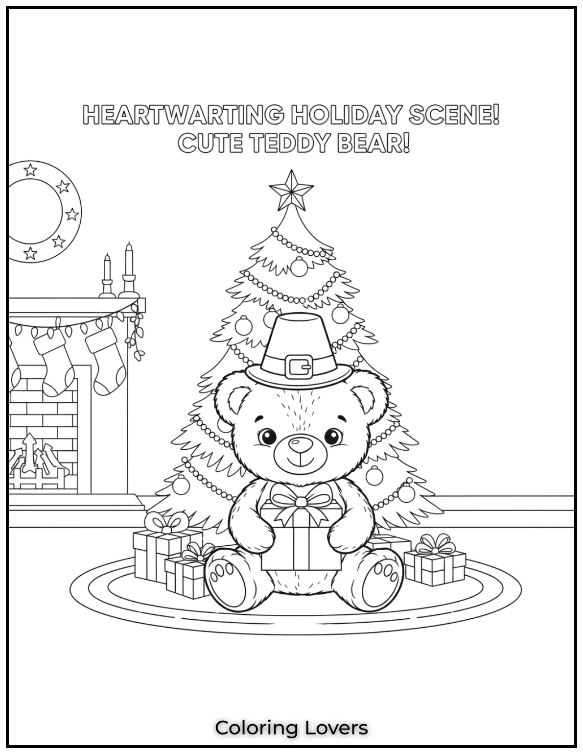 This cute teddy bear sits by the Christmas tree holding a beautifully wrapped gift. A heartwarming holiday scene