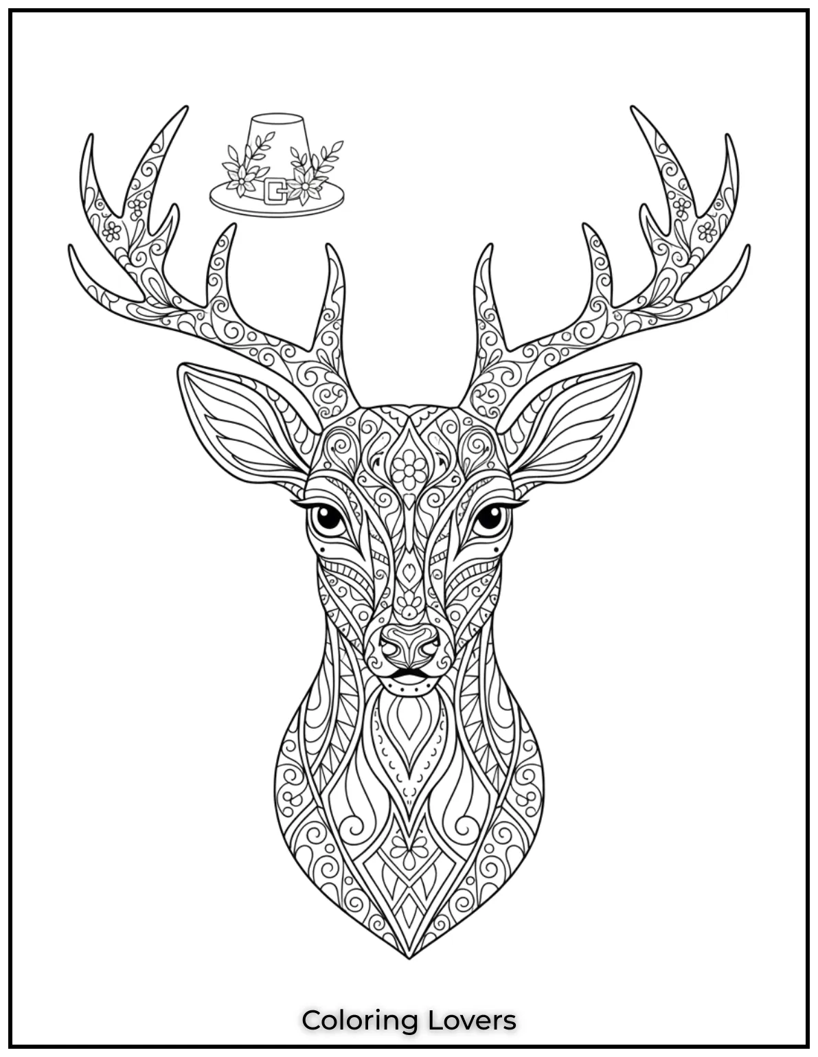 This elegant deer head is drawn in mandala style with swirling symmetry. A soothing page for adults to color