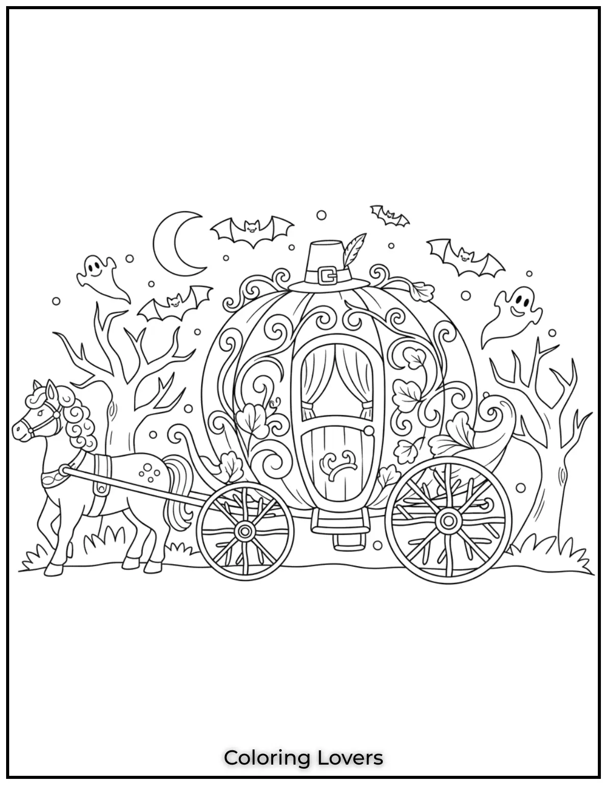 This enchanting pumpkin carriage with its swirling vines and flying bats is ready for a whimsical Halloween journey 1
