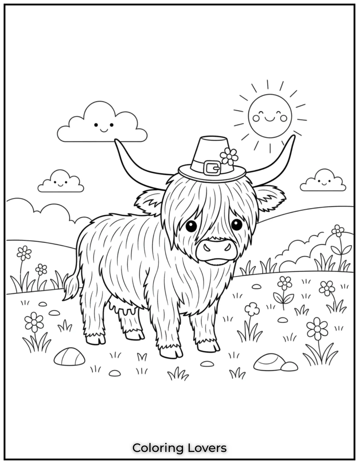 This fluffy highland cow is peacefully grazing in the meadow