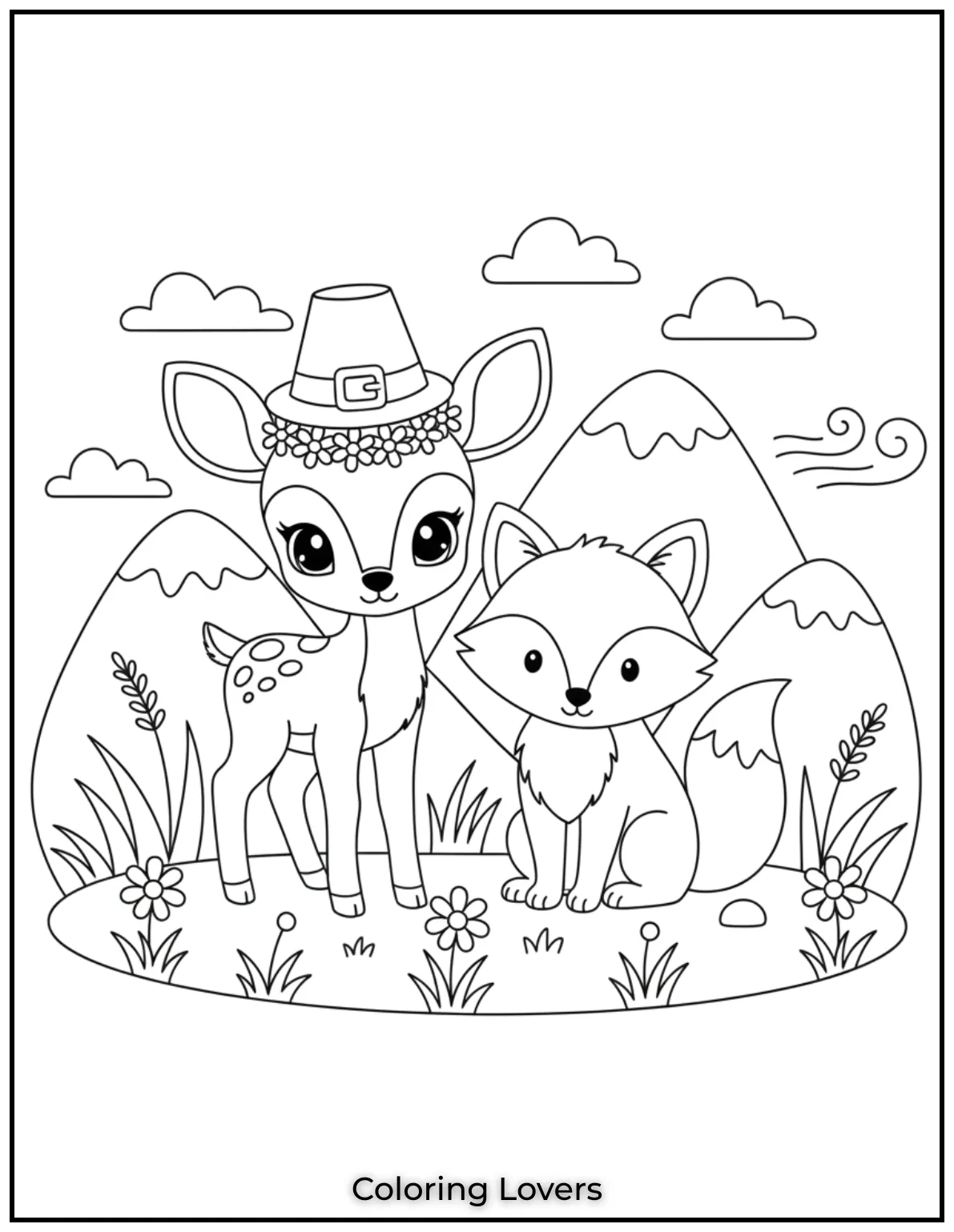 This gentle deer stands beside a cozy fox in the breeze. A calm mountain scene kids can enjoy