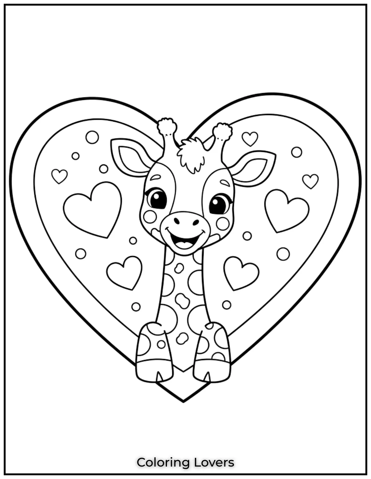 This giraffe peeking out of the heart is just the cutest. I bet kids will love coloring those spots
