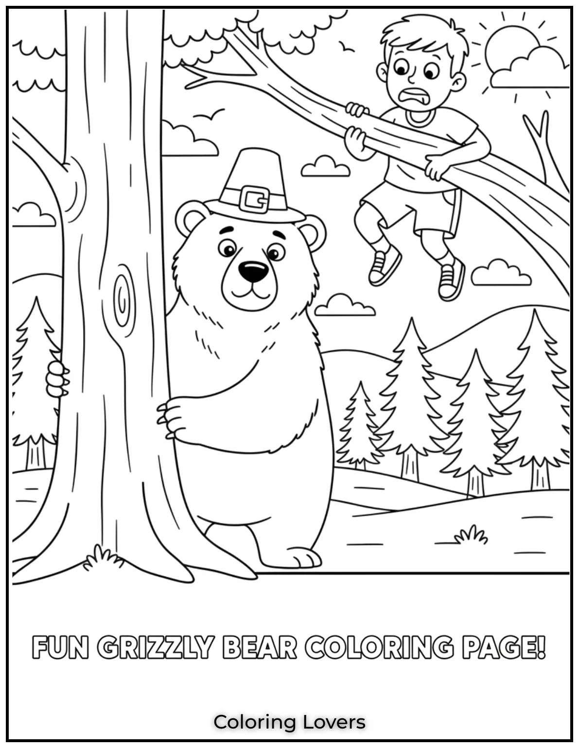 This grizzly bear hides behind a tree while someone clings to a branch. A fun addition to your printable grizzly bear coloring pages