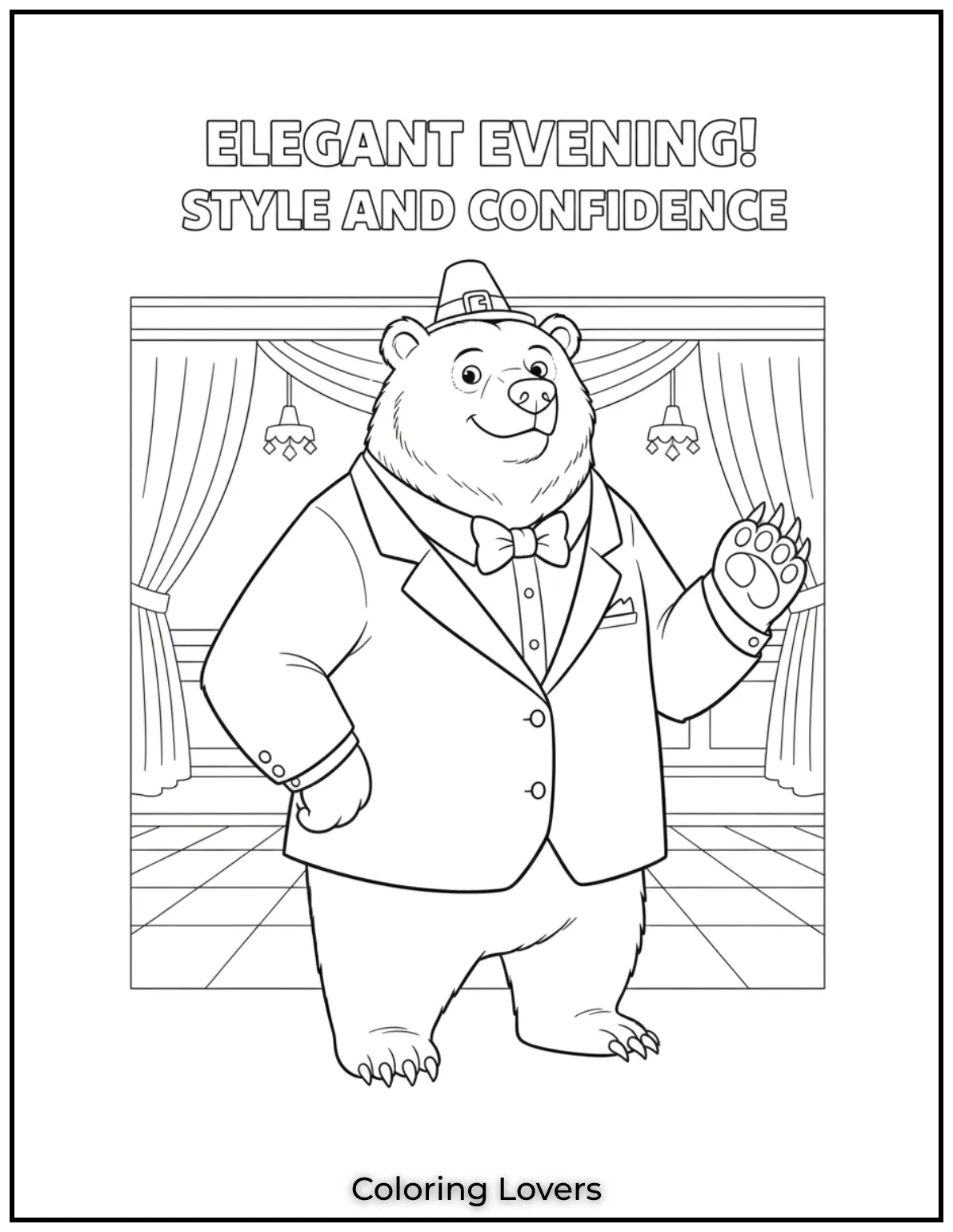 This grizzly bear looks elegant in a tuxedo and bow tie ready for a grand evening with style and confidence