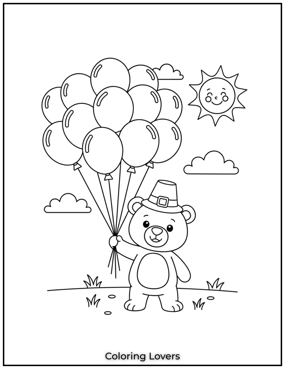 This happy bear is holding balloons ready to celebrate. A fun and easy preschool coloring page