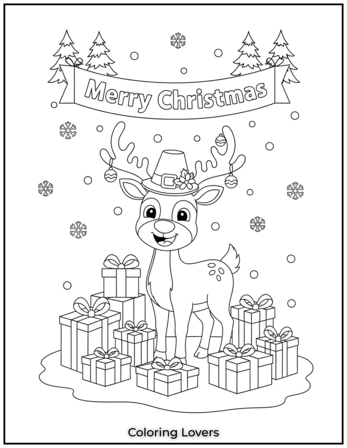 This happy reindeer stands by gifts under a Merry Christmas sign. Kids can color all the cheer here