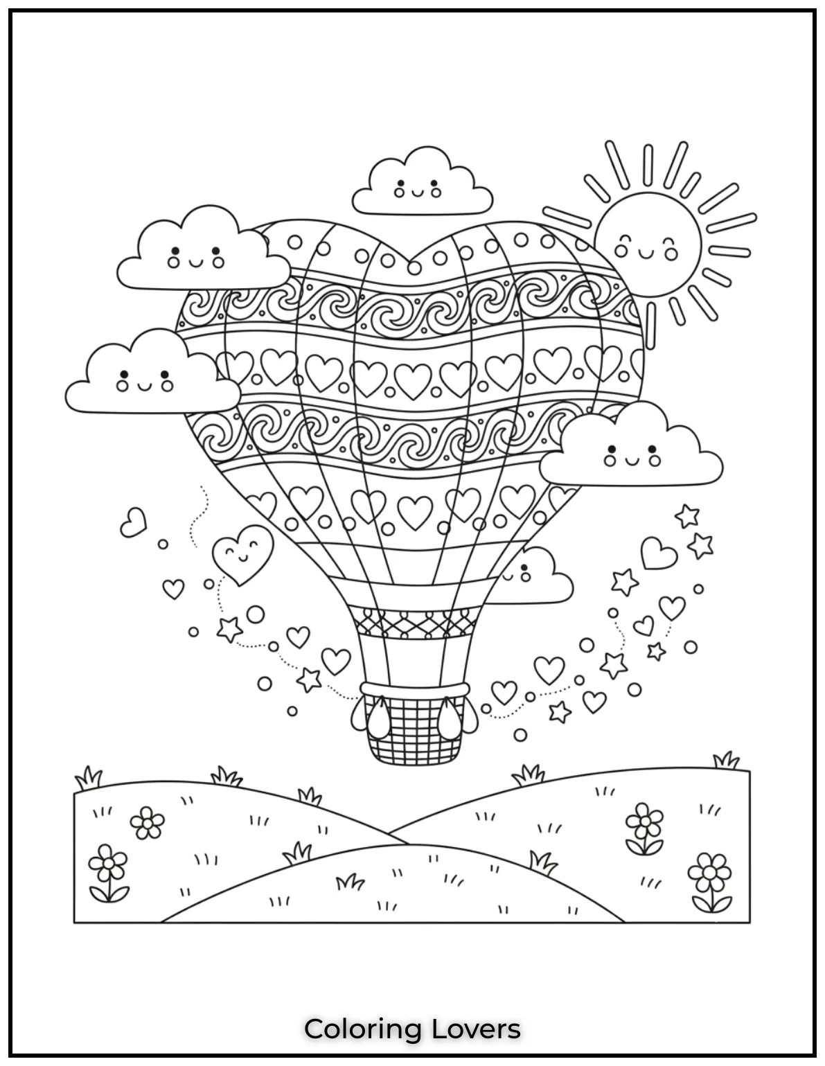 This heart shaped balloon floating above rolling hills is truly enchanting. Its a dreamy adventure just waiting for some color